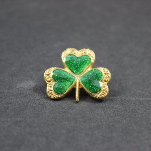 Three Leaf Clover Brooch Hat Tie Pin Shamrock Green Sparkle Enamel Gold Tone